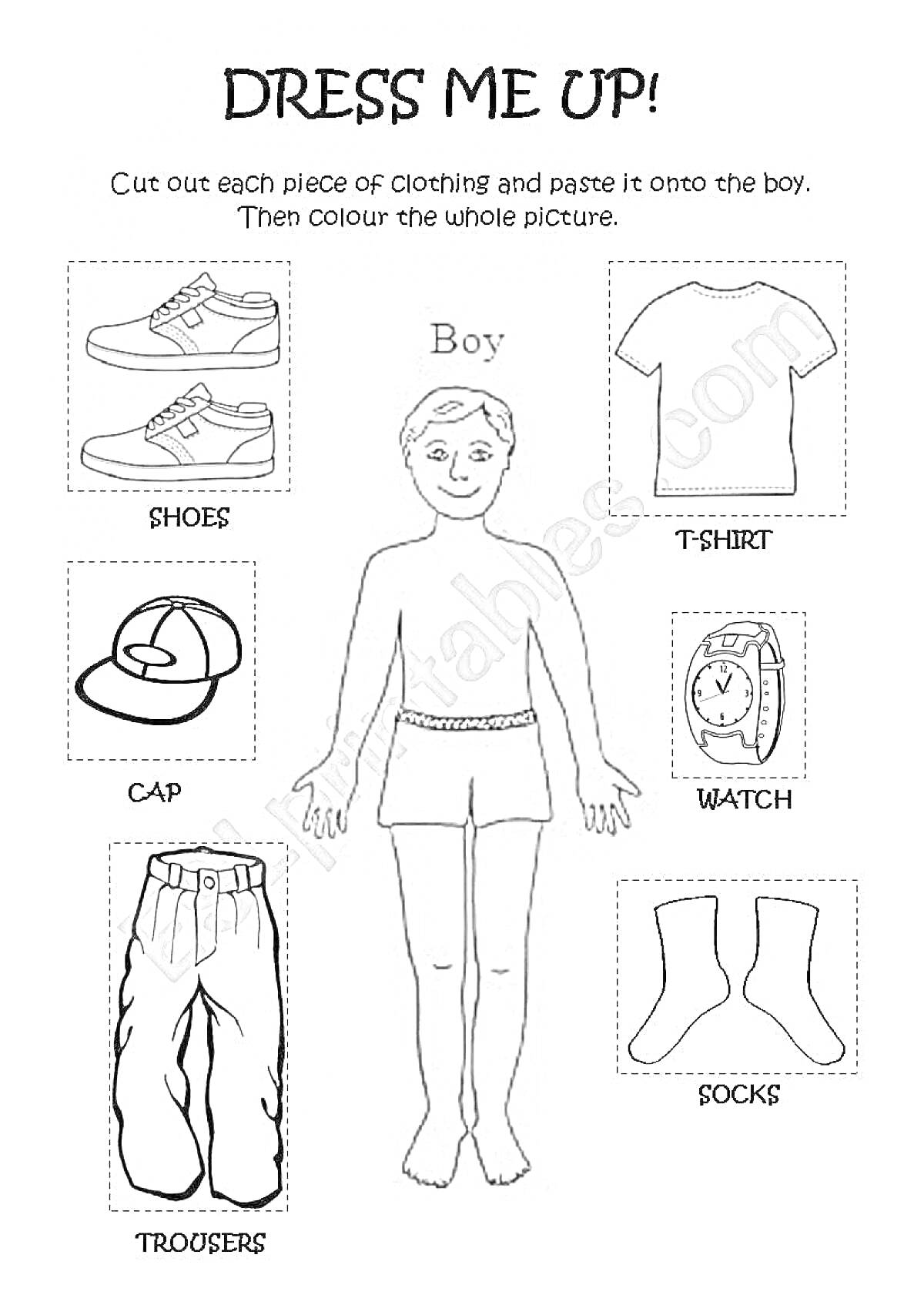 Раскраска Дрессировка мальчика с одеждой: рубашка, брюки, кроссовки, кепка, часы, носки