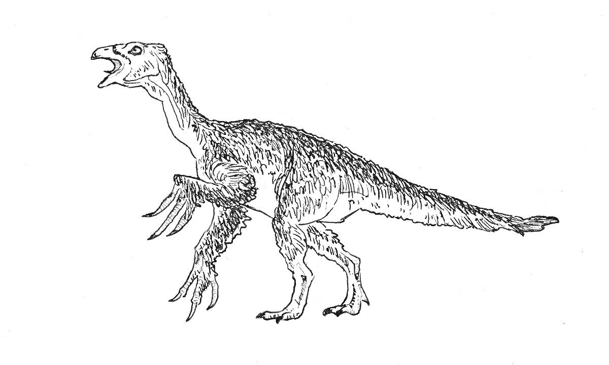 Раскраска Теризинозавр с открытой пастью и длинными когтями на передних лапах