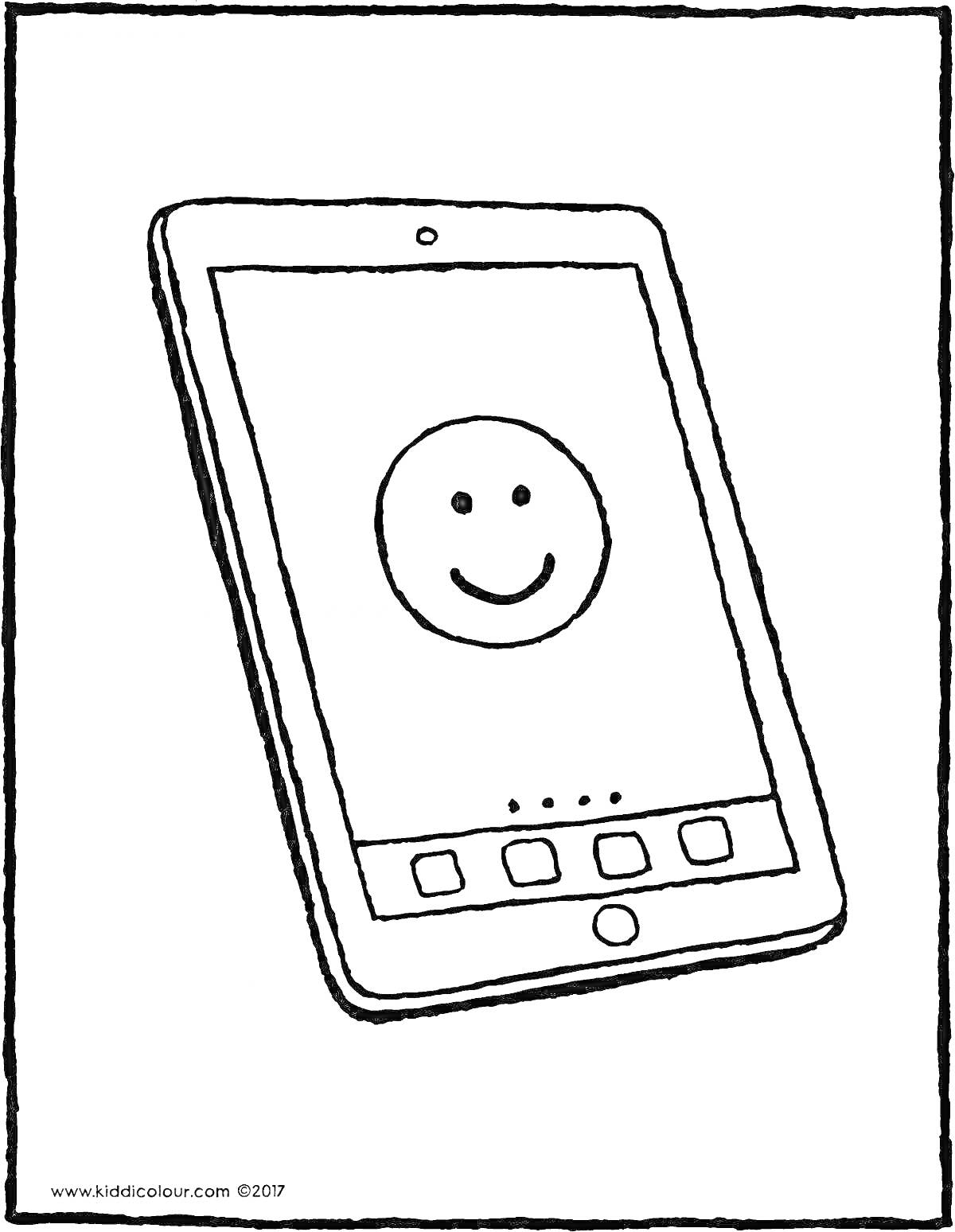 Раскраска Планшет с экраном с изображением смайлика и иконками приложений