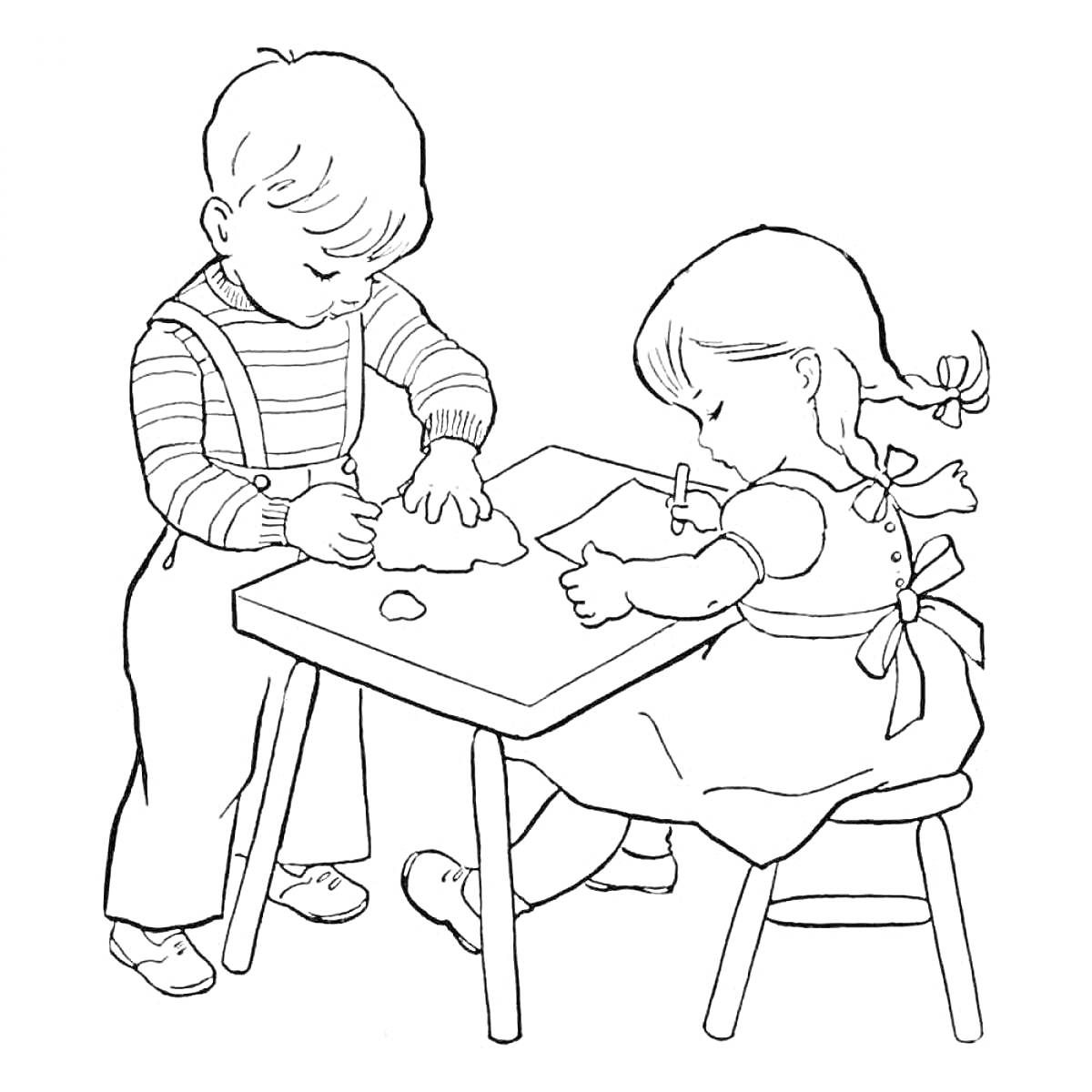Раскраска Дети, рисующие за столом