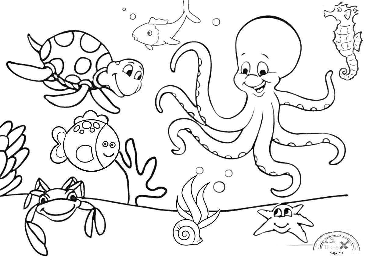 Раскраска Морской мир с осьминогом, черепахой, крабом, морской звездой, рыбой, морским коньком, улиткой и кораллами