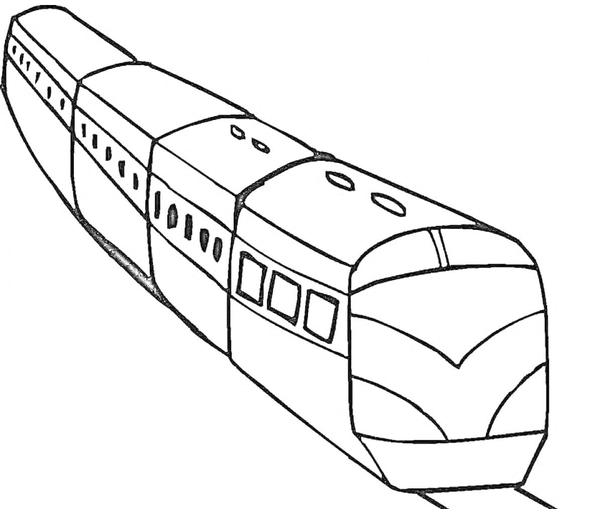 На раскраске изображено: Поезд, Железная дорога, Вагоны, Транспорт, Железнодорожные пути, Локомотив