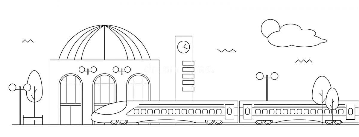 На раскраске изображено: Вокзал, Поезд, Здание, Деревья, Часы, Облака, Фонарные столбы