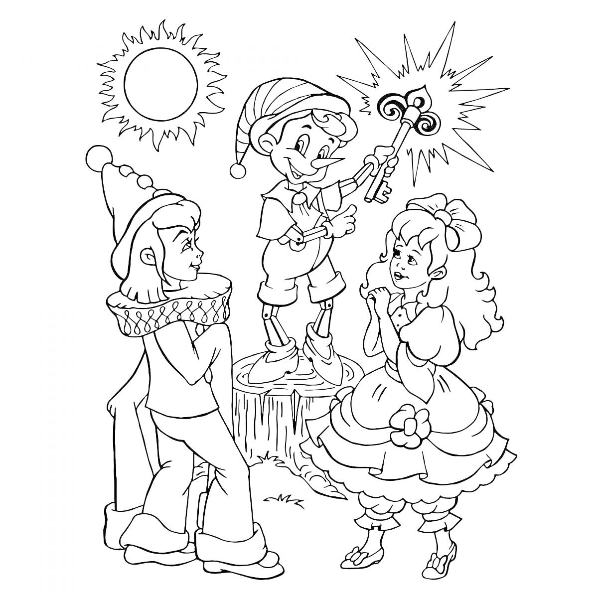 На раскраске изображено: Золотой ключик, Буратино, Девочка, Мальчик, Ключик, Солнце, Деревенский пейзаж