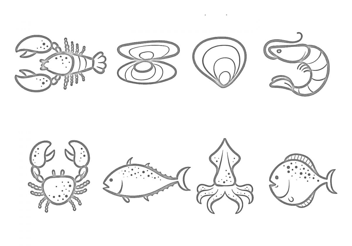 На раскраске изображено: Морепродукты, Рыба, Рак, Краб, Моллюск, Креветка, Кальмар