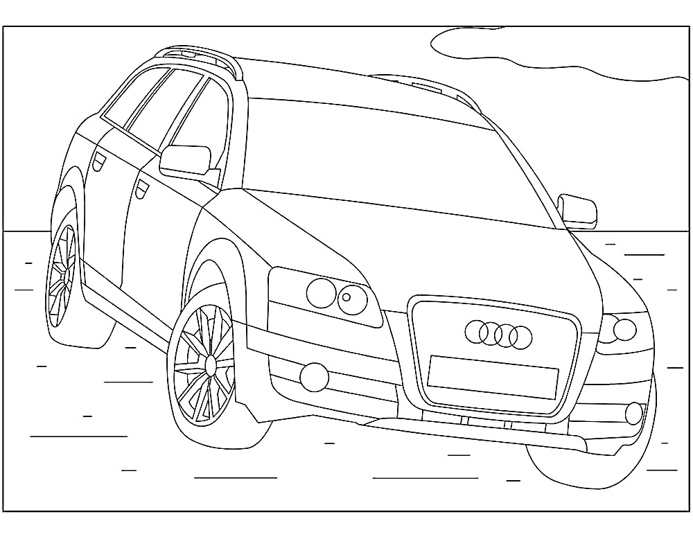 На раскраске изображено: Audi, Колеса, Небо, Облака, Транспорт, Линии, Авто, Дороги