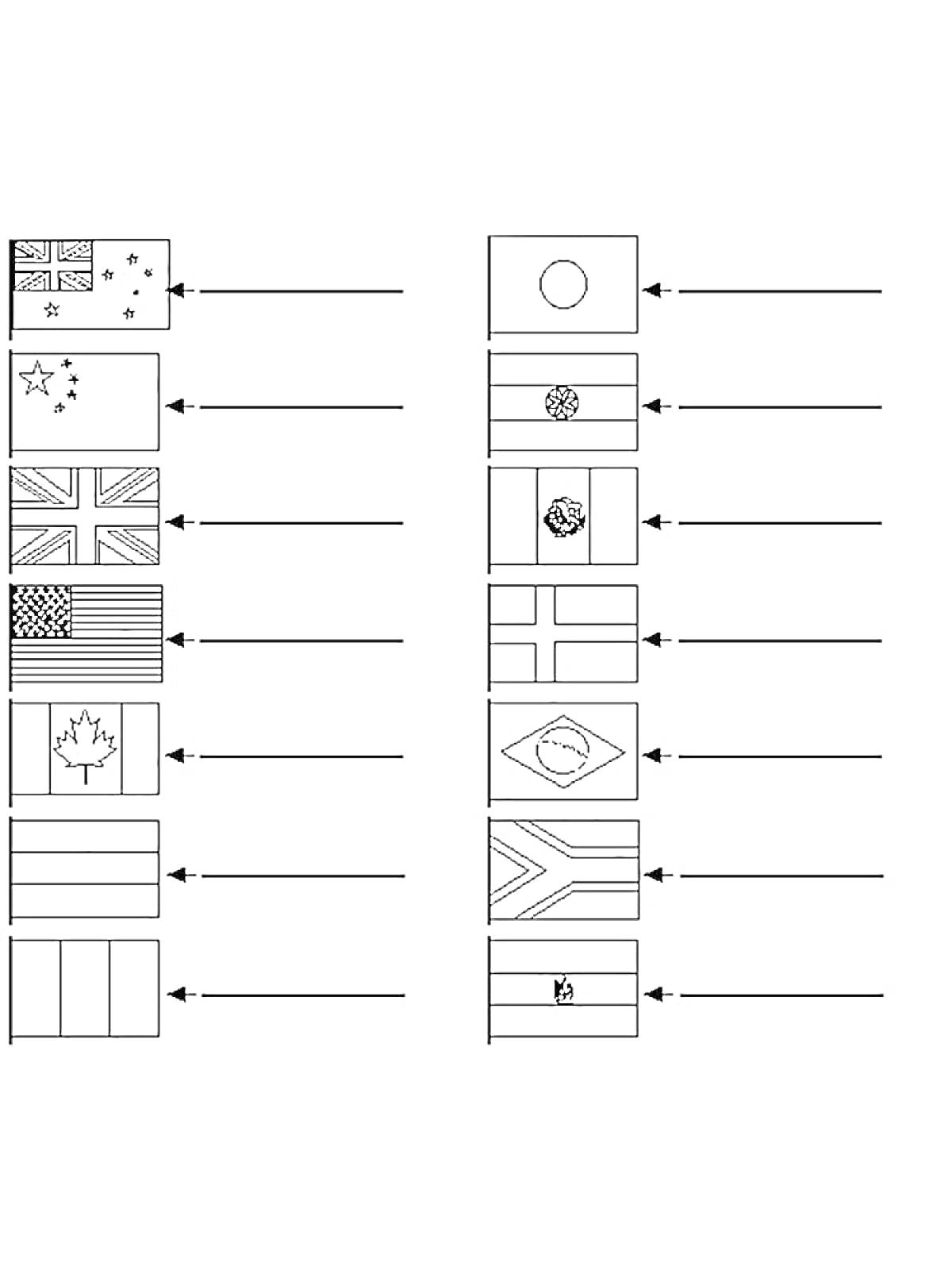 Раскраска изображение черно-белых контуров флагов различных стран с указателями