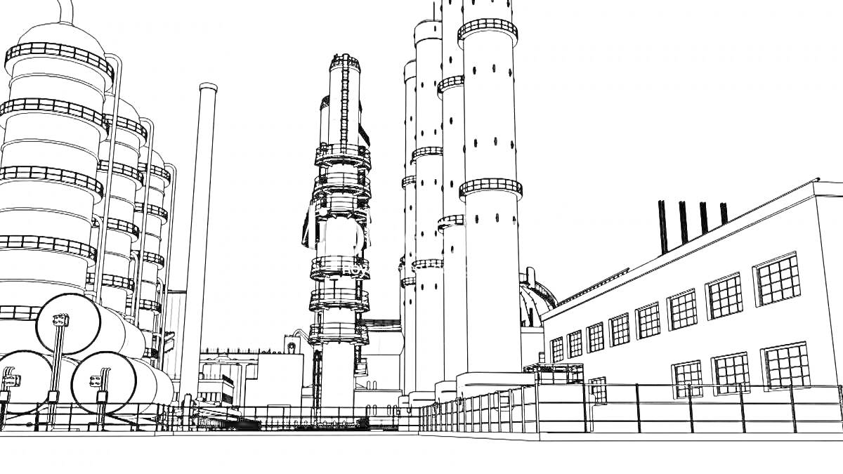 Раскраска Завод с высокими трубами и промышленными зданиями