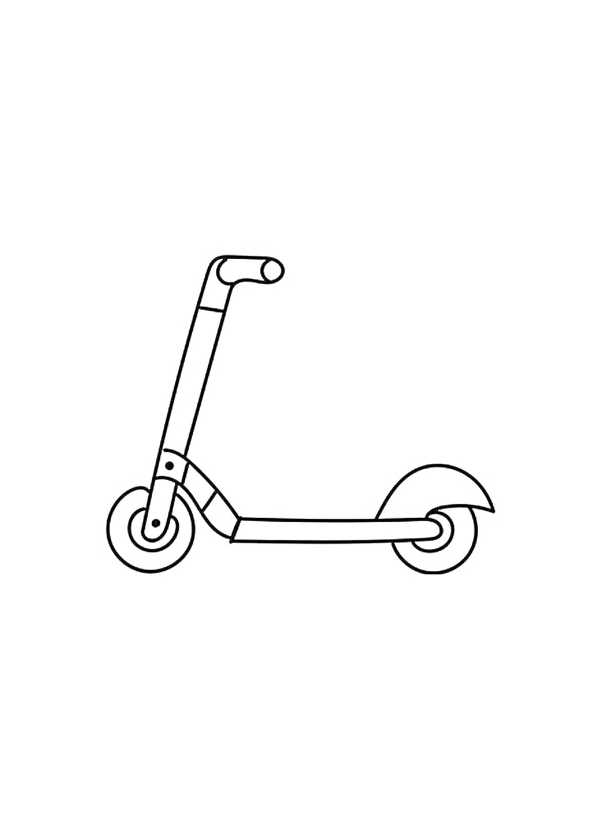 Раскраска Самокат с рулем, передним и задним колесами и крылом над задним колесом