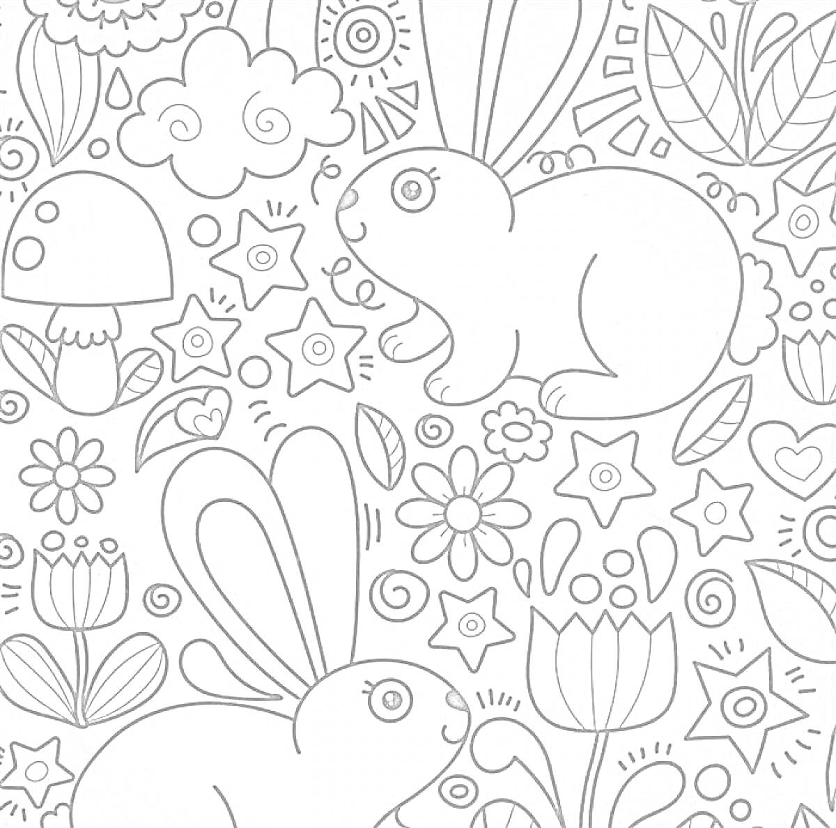 Раскраска Кролики, грибы, цветы и звезды