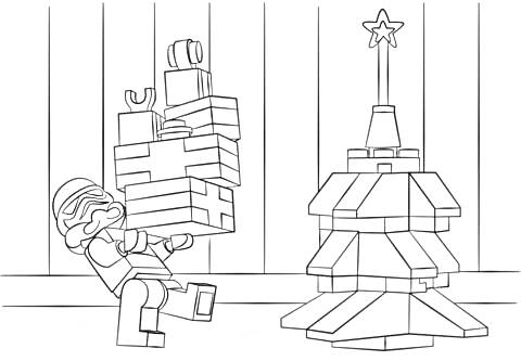 Раскраска Лего Звездные войны - персонаж с подарками возле новогодней ёлки
