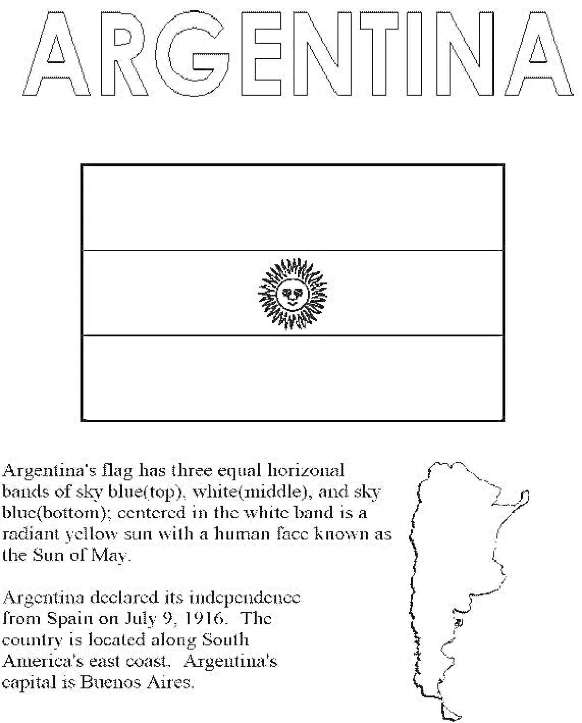На раскраске изображено: Флаг, Аргентина, Карта, Горизонтальные полосы, Белый, Голубой, Южная Америка