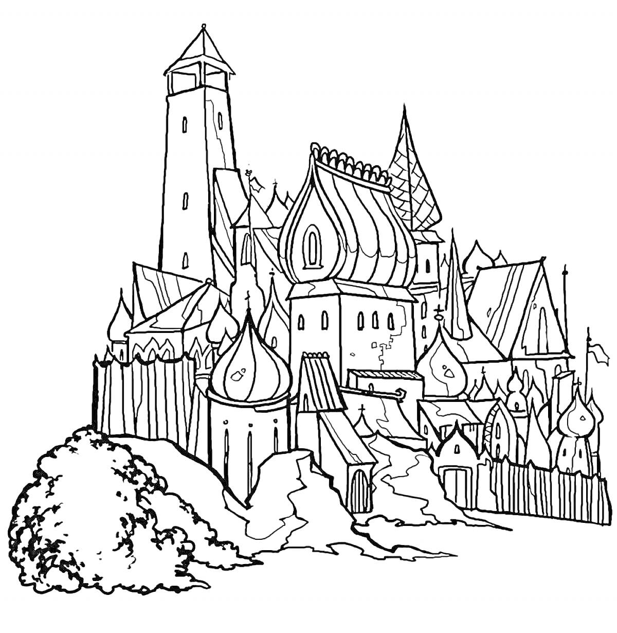Изображение дворца царя Салтана с различными башнями и куполами, окруженного стенами и растительностью на переднем плане