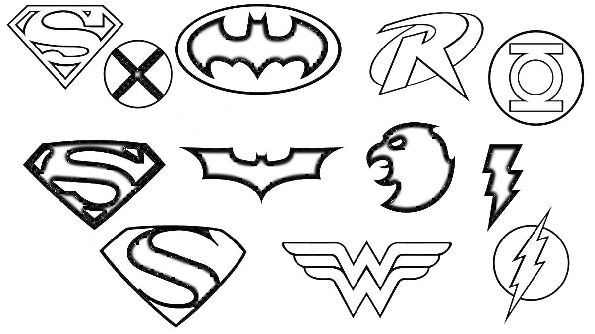 Раскраска гербы персонажей Лиги Справедливости - Супермен, Бэтмен, Робин, Зелёный Фонарь, Чудо-женщина, Флэш, человек-ястреб