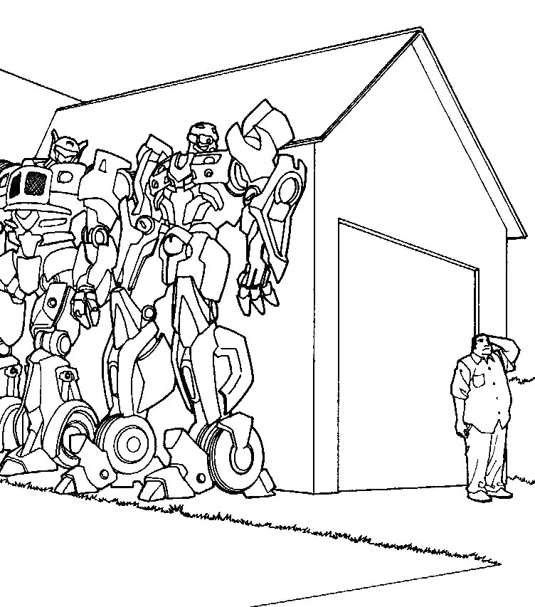 На раскраске изображено: Автоботы, Гараж, Человек, Трансформеры, Дом, Для детей, Робот, Улицы