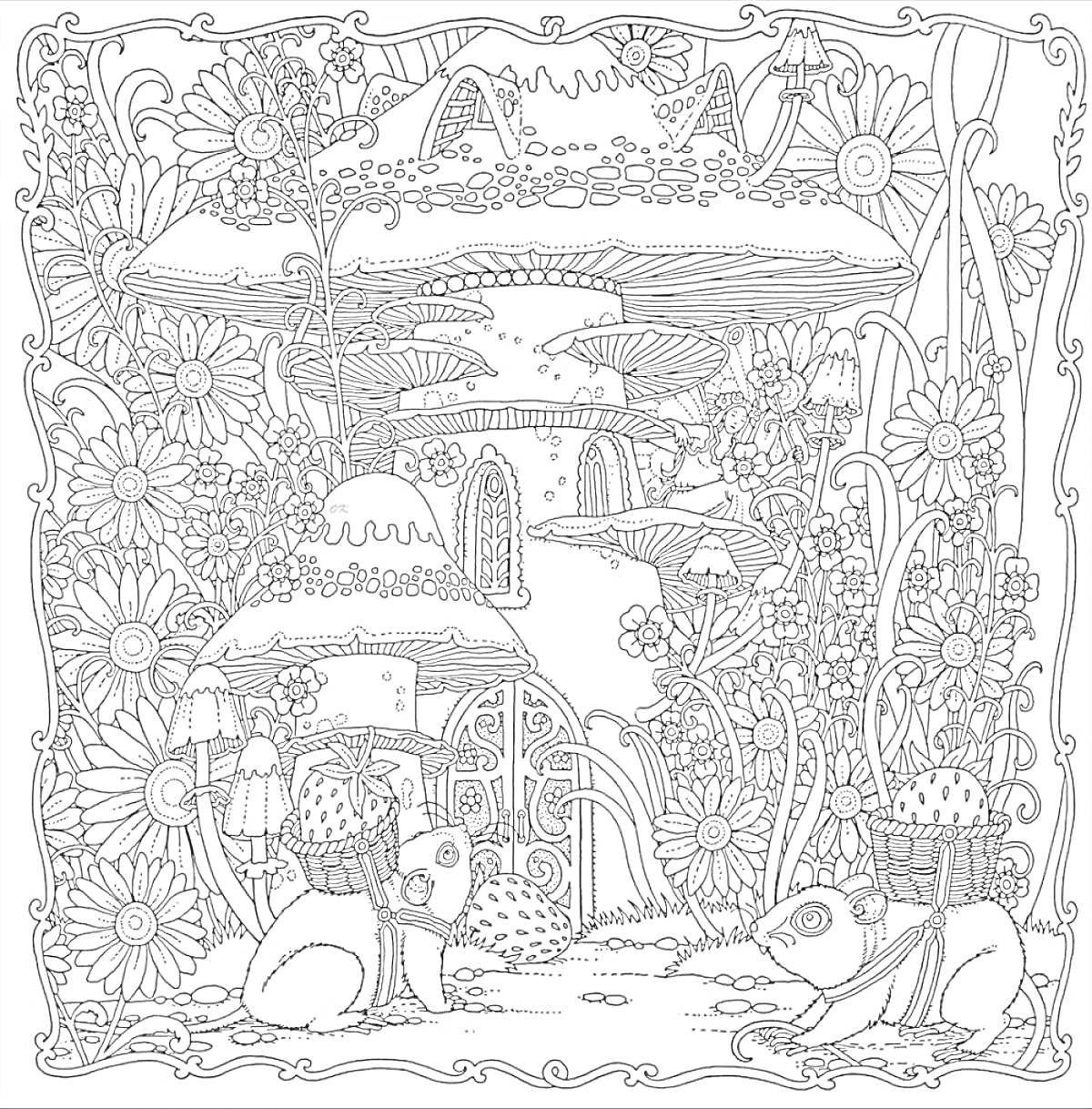 На раскраске изображено: Сказочный лес, Грибы, Цветы, Дом, Лес, Природа, Кролик