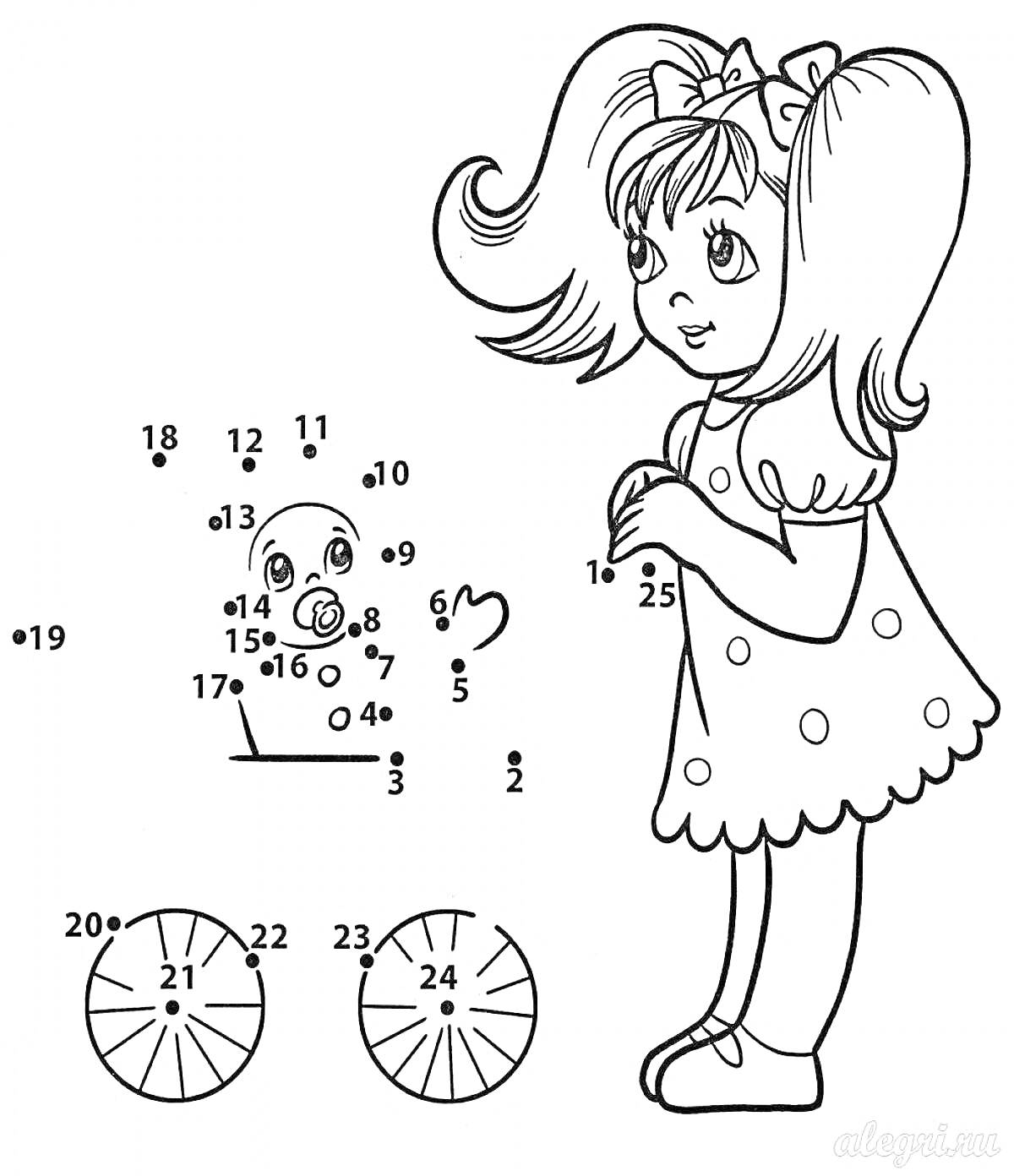 На раскраске изображено: Девочка, Кукла, Платье, Расчеты, Цифры, Математика, Вычисления, Развивающее задание