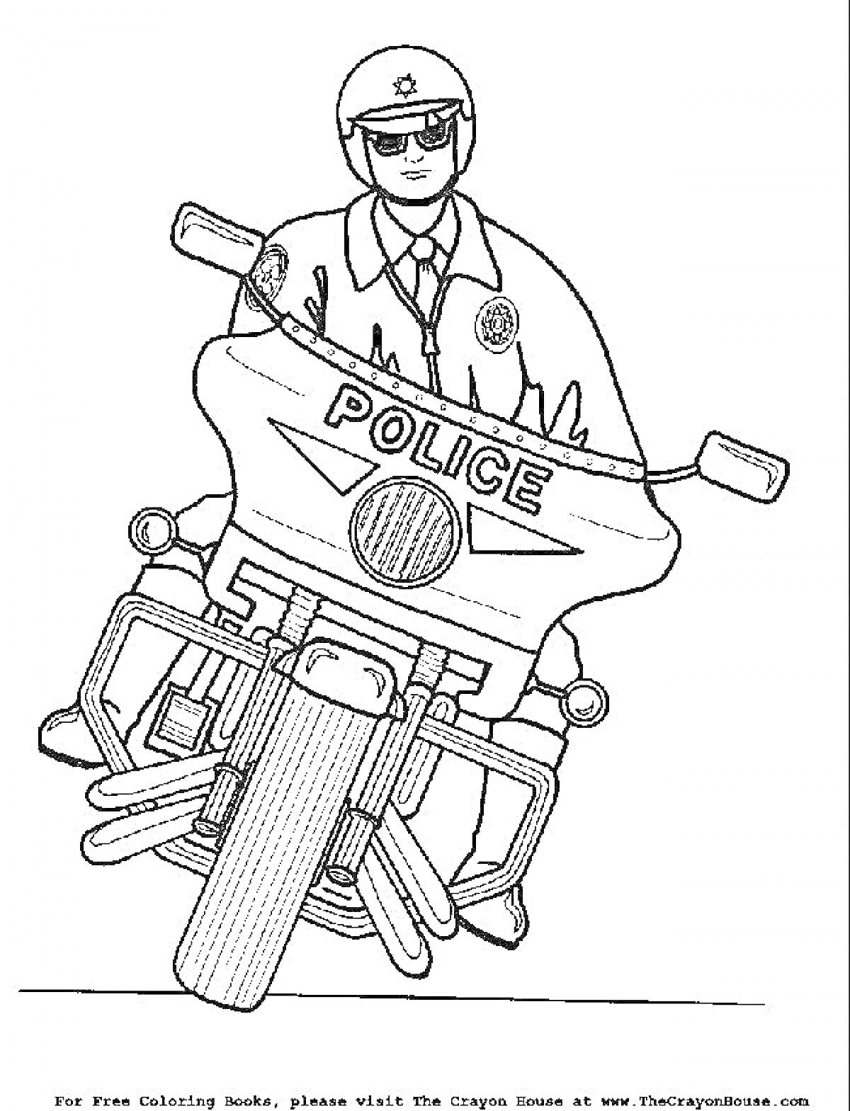 На раскраске изображено: Мотоцикл, Форма, Очки, Щит, Надпись, Патруль