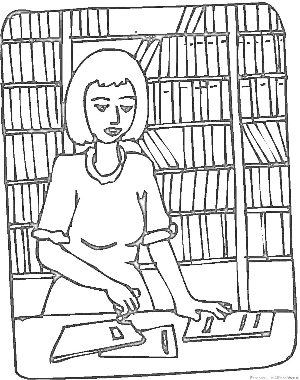 Раскраска Женщина в архиве с файлами на столе, книжные полки на заднем плане