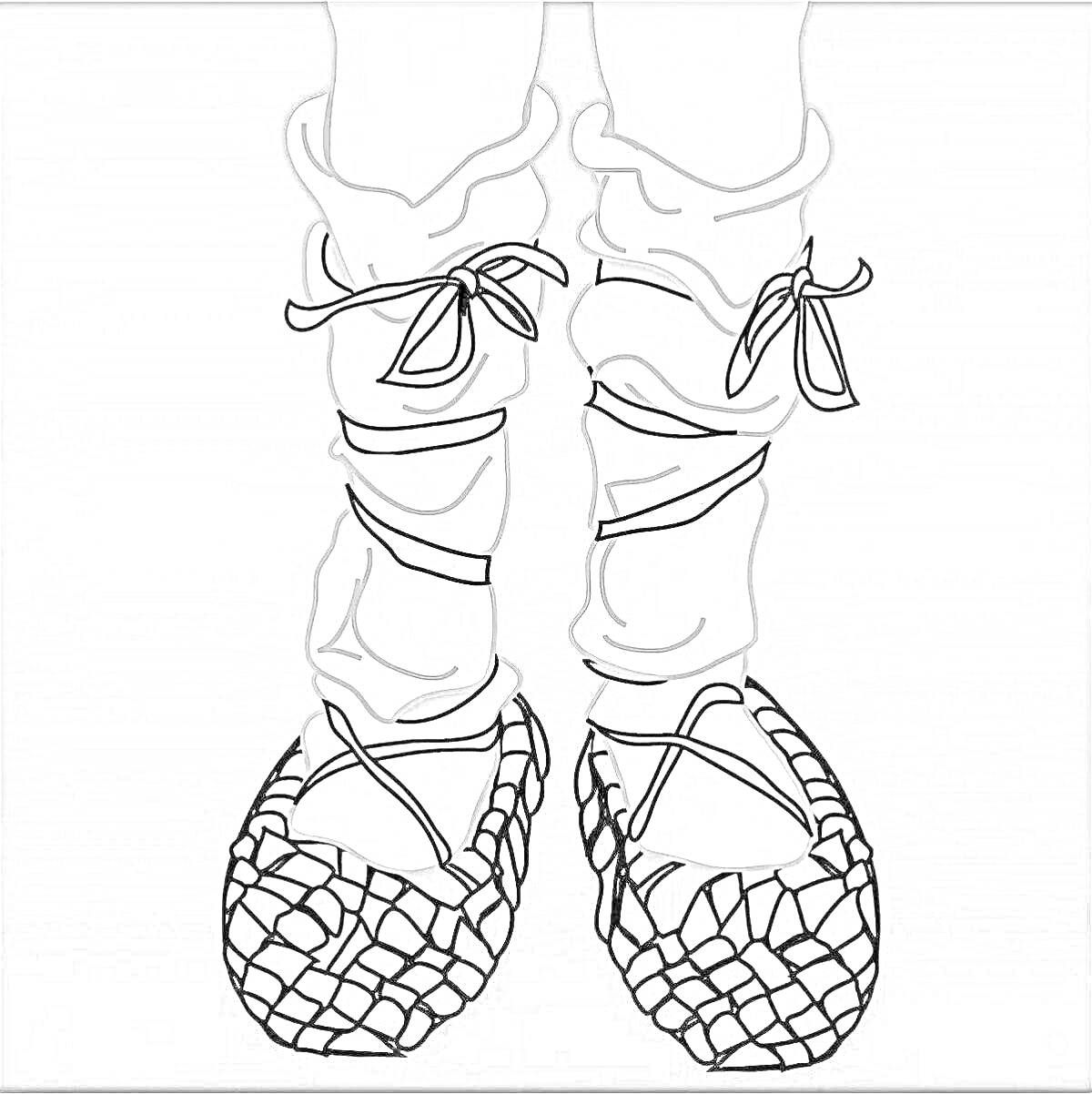 Раскраска Детские лапти с завязанными лентами на ногах