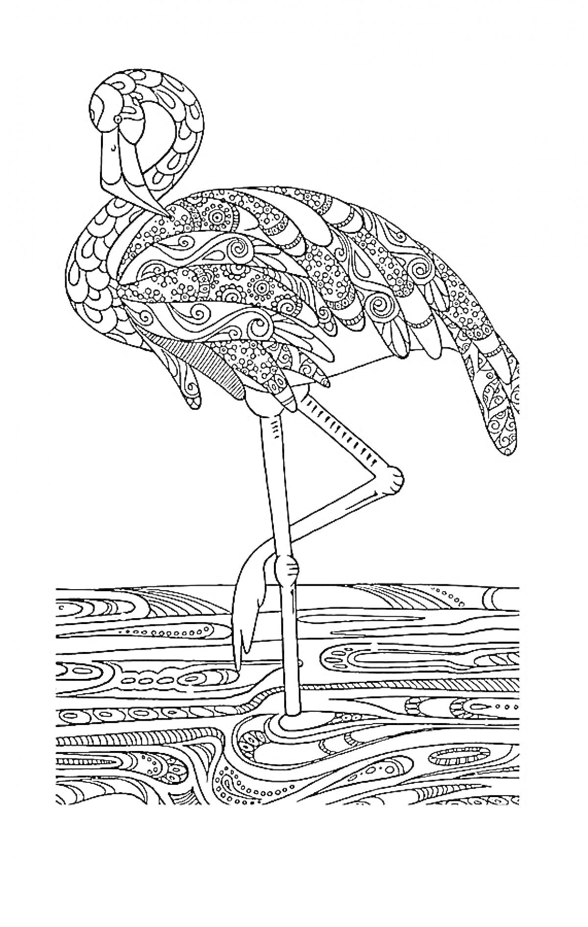 Раскраска Фламинго на одной ноге в узорах, антистресс