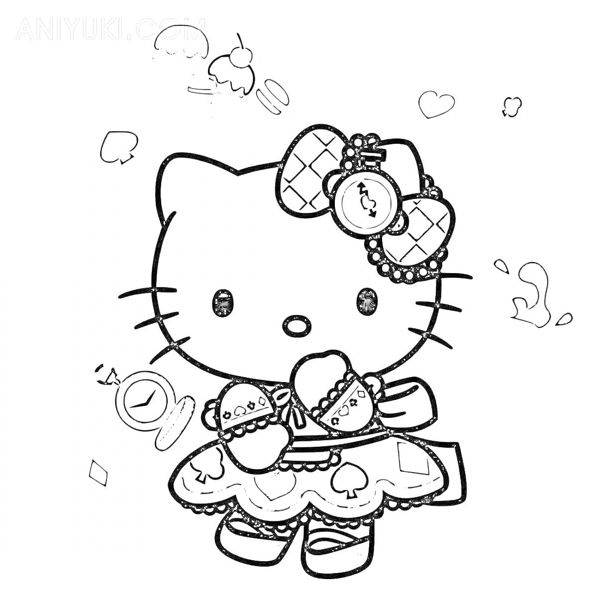 Раскраска Hello Kitty в стильном платье с бантом на голове и аксессуарами в руках