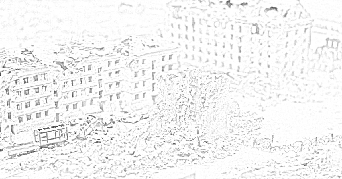 На раскраске изображено: Сталинград, Дом Павлова, Руины, Разрушенные здания, Вторая мировая война, Исторические события