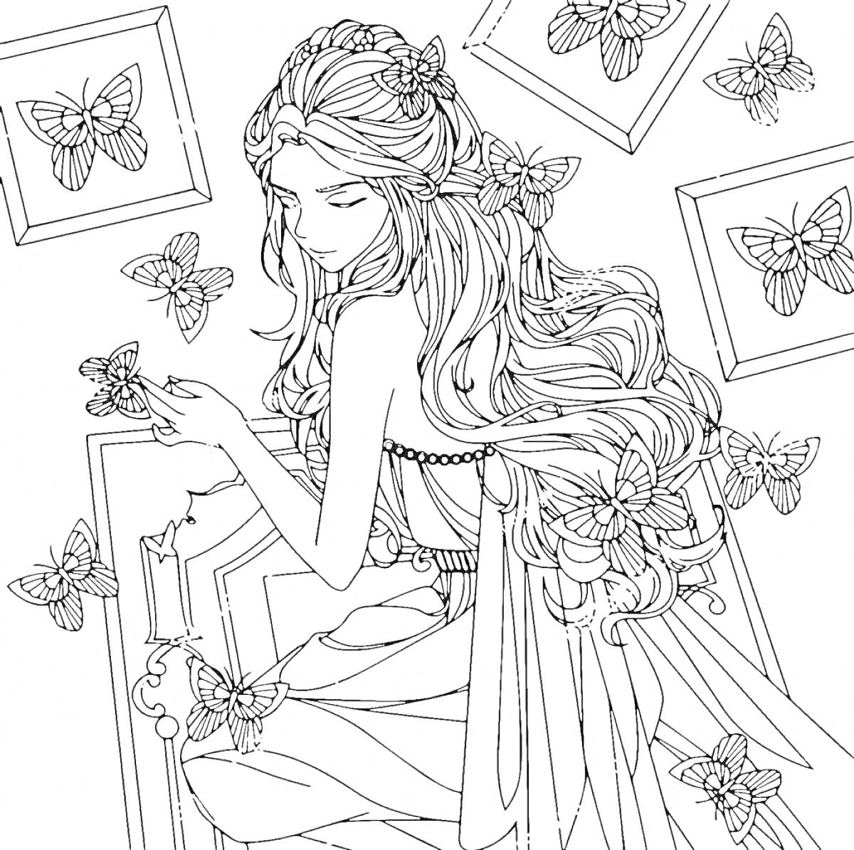 Раскраска Девушка с длинными волосами и бабочками на фоне картин