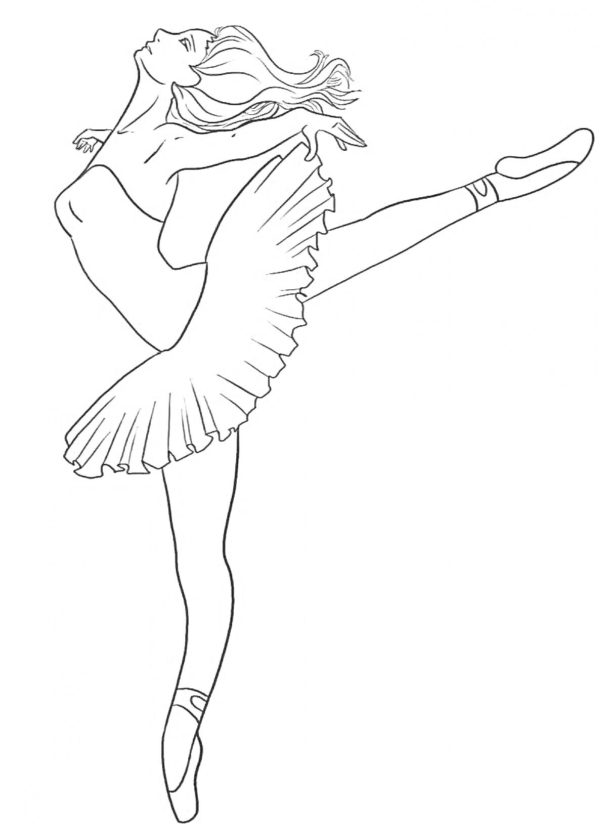 На раскраске изображено: Девочка, Танец, Балет, Балерина, Пачка, Пуанты