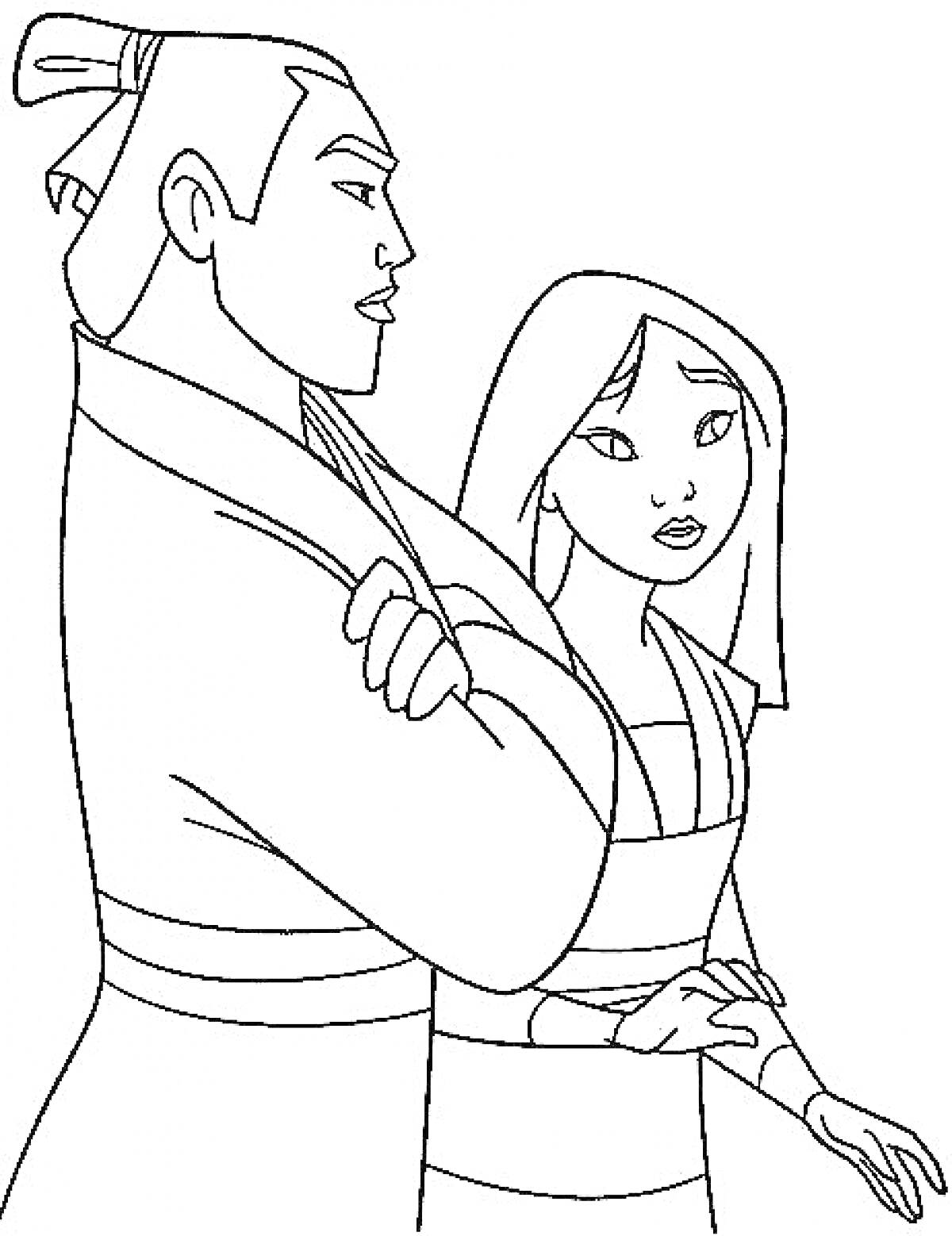 Раскраска Два персонажа из Мулан, мужчина и женщина в традиционной китайской одежде