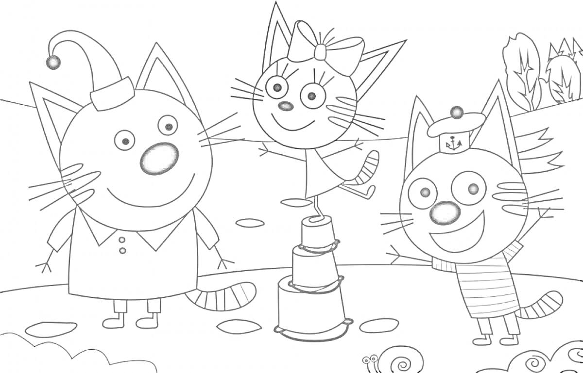 На раскраске изображено: Три кота, Природа, Из мультфильмов, Игра, Детство, Для детей, Персонаж, Кот