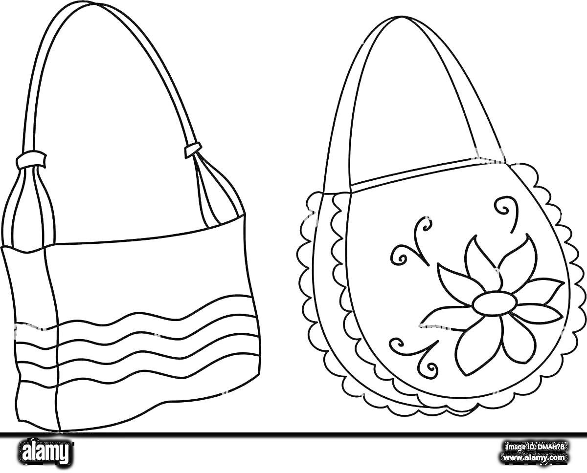 Раскраска Две пляжные сумки. Первая сумка с волнистыми линиями, вторая сумка с цветочным узором и волнистыми краями.