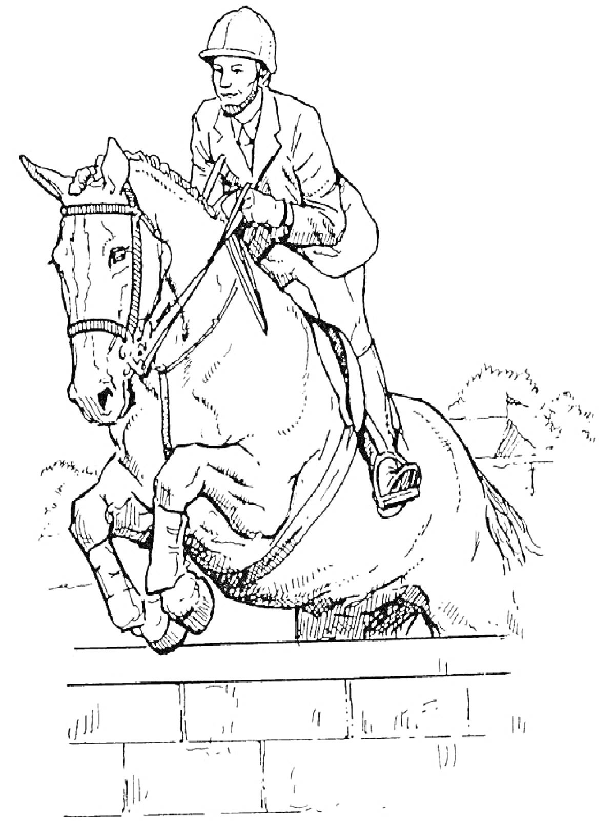 На раскраске изображено: Всадник, Конь, Верховая езда, Скачки, Лошадь, Прыжки, Шлемы