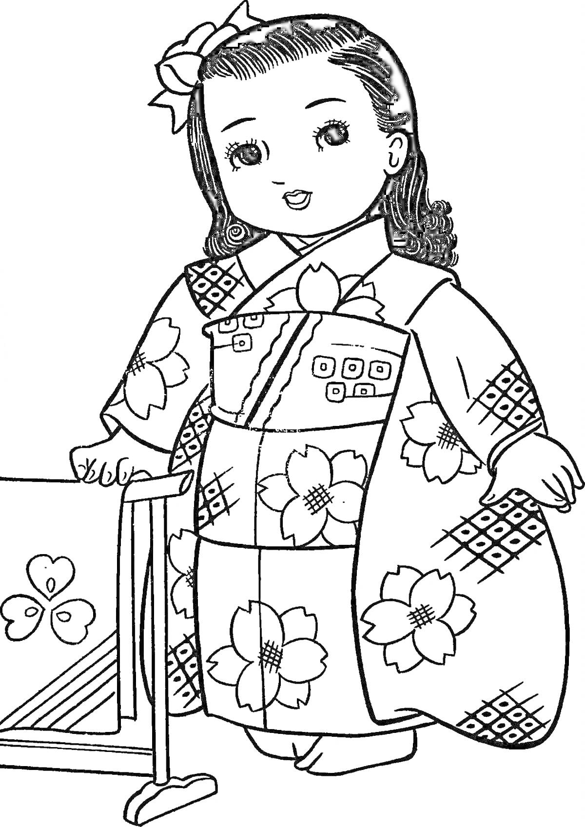 На раскраске изображено: Девочка, Кимоно, Цветочный узор, Традиционная одежда