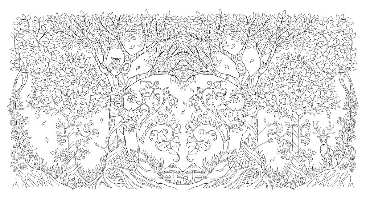 Раскраска Симметричный лес с деревьями, паунами, и узорными элементами