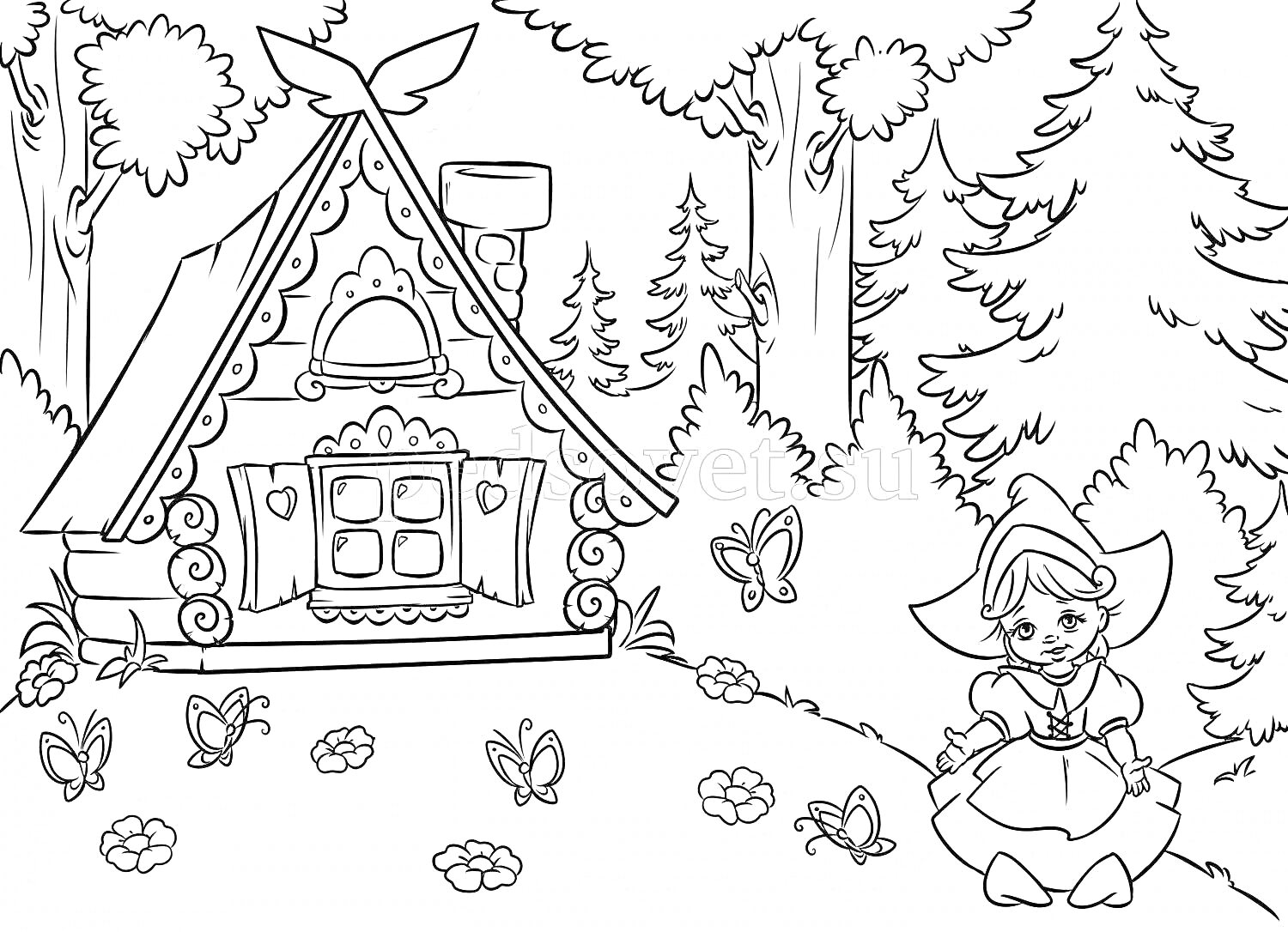 На раскраске изображено: Красная Шапочка, Лес, Домик, Цветы, Деревья