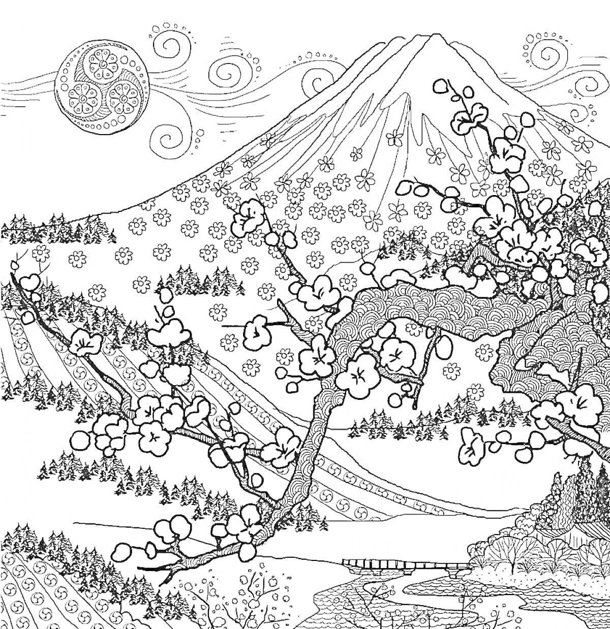На раскраске изображено: Гора Фудзи, Сакура, Цветочный узор, Река, Мост, Солнце, Пейзаж