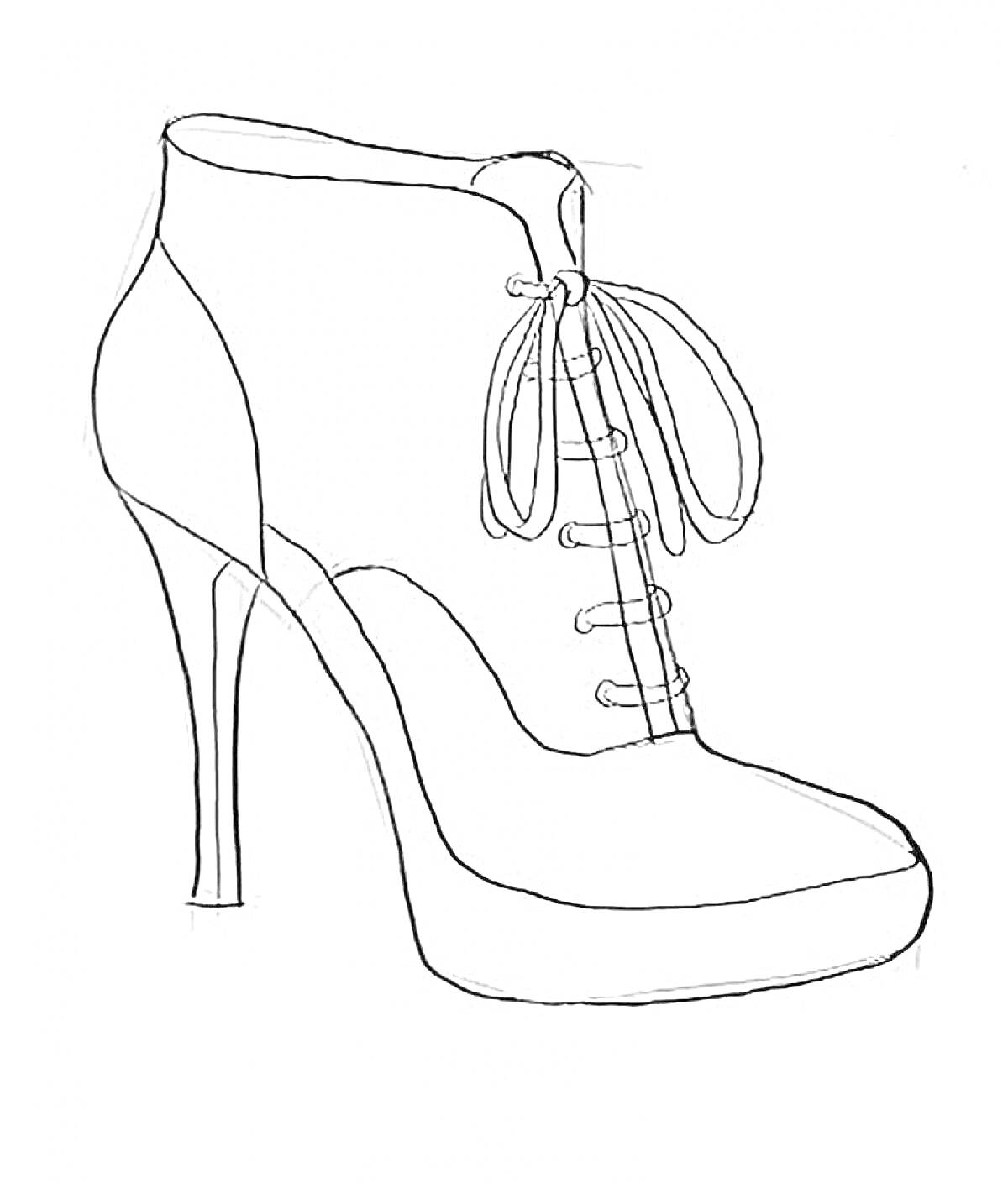 На раскраске изображено: Высокие каблуки, Шнуровка, Мода, Обувь, Женская обувь