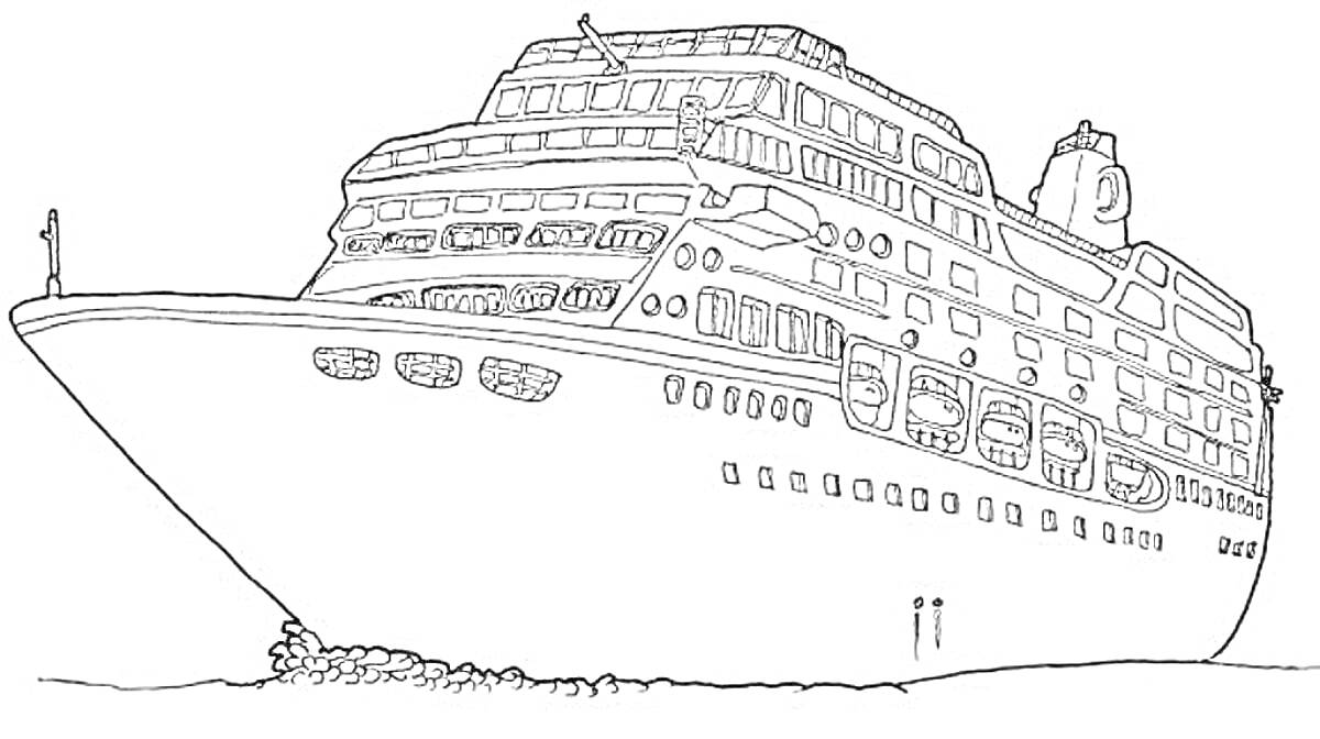 На раскраске изображено: Круизный лайнер, Судно, Море, Корабль, Транспорт, Вода