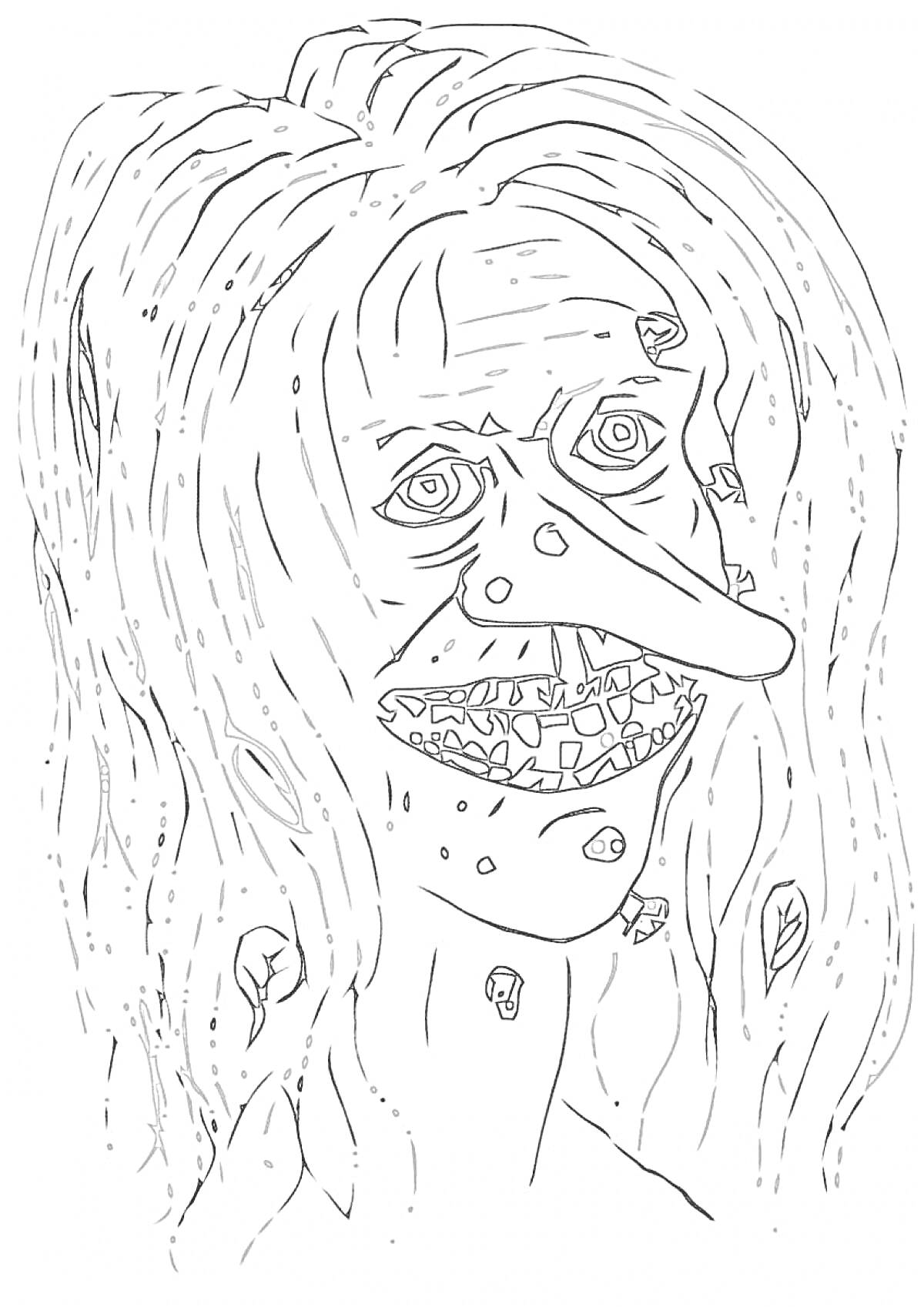 Кикимора с длинными растрёпанными волосами, листья в волосах, длинный нос, острые зубы