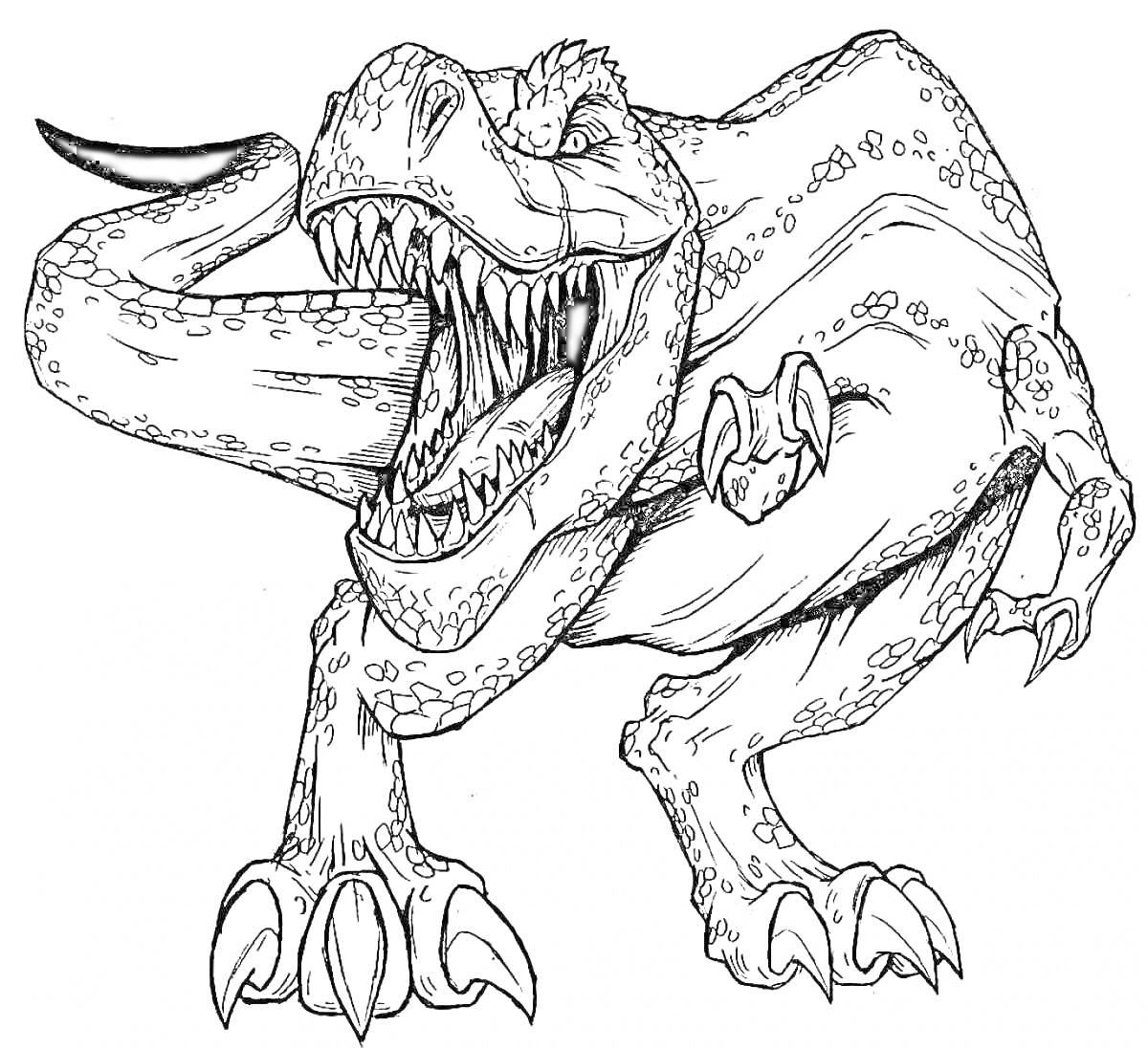 Раскраска Тираннозавр Рекс. Открытая пасть, острые зубы, короткие передние лапы, мощные задние лапы, когти.