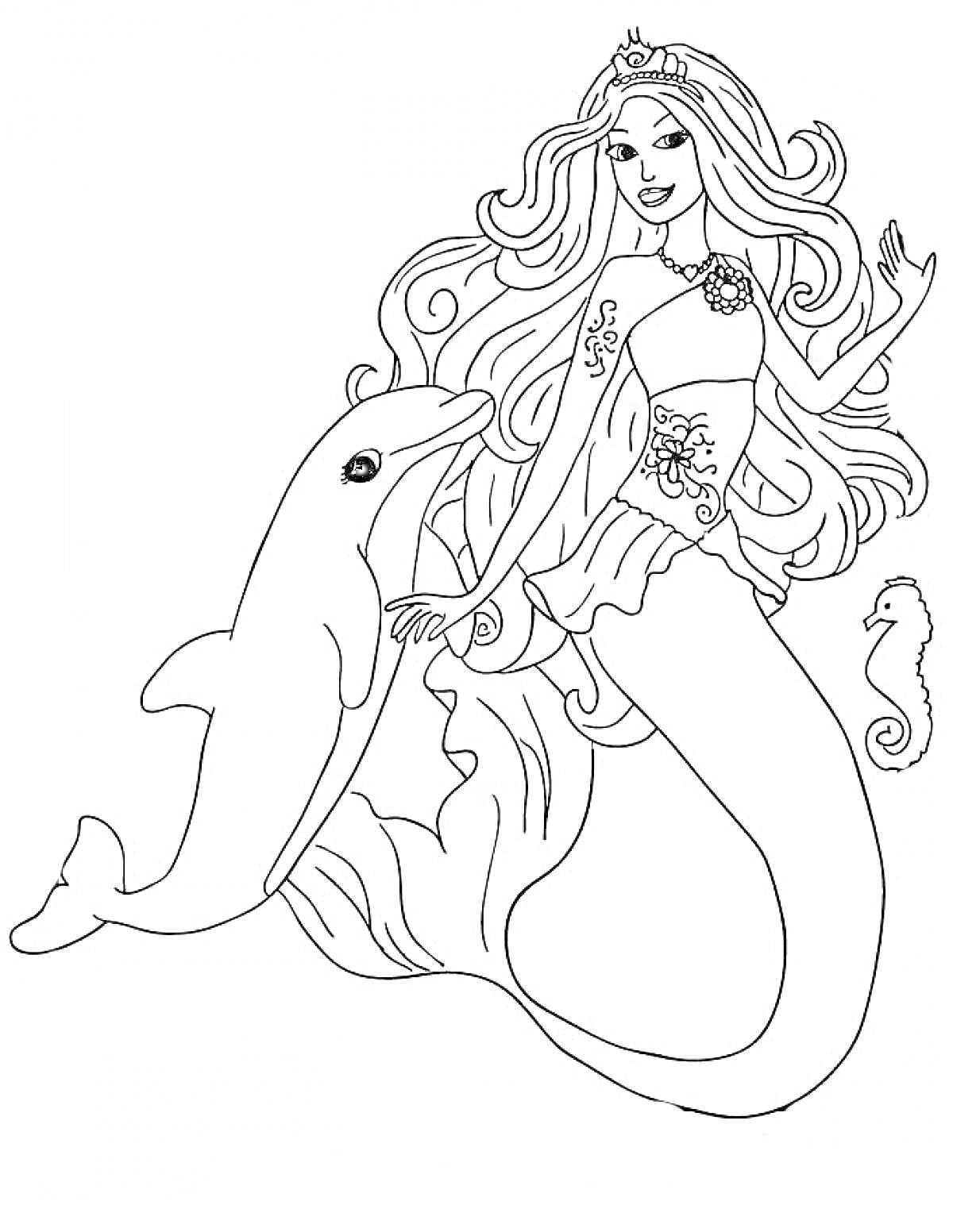 На раскраске изображено: Барби, Морской конек, Подводный мир, Дельфины, Русалка