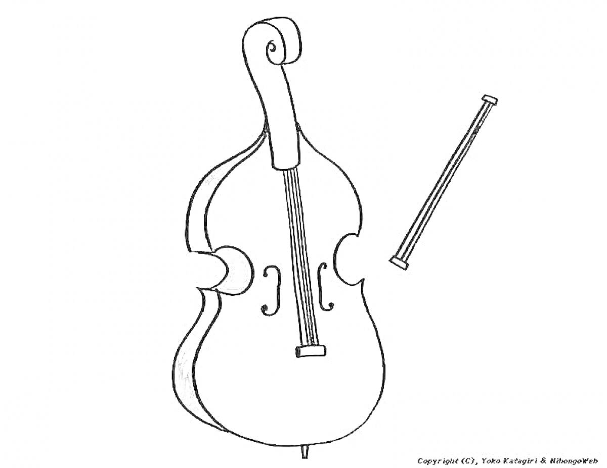 На раскраске изображено: Контрабас, Смычок, Струнный инструмент, Музыка, Музыкальные инструменты