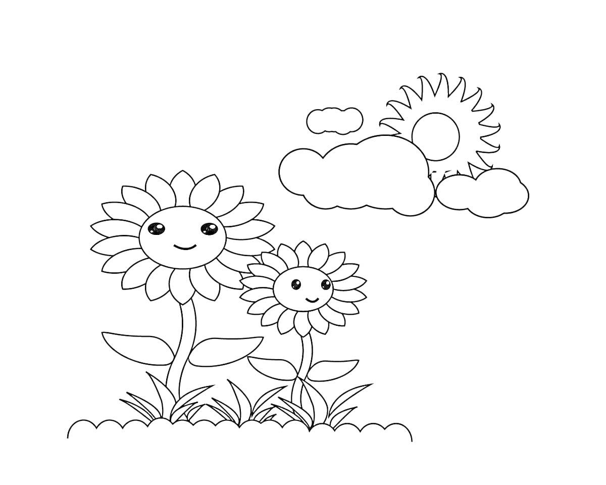 На раскраске изображено: Подсолнухи, Цветы, Облака, Солнце, Природа
