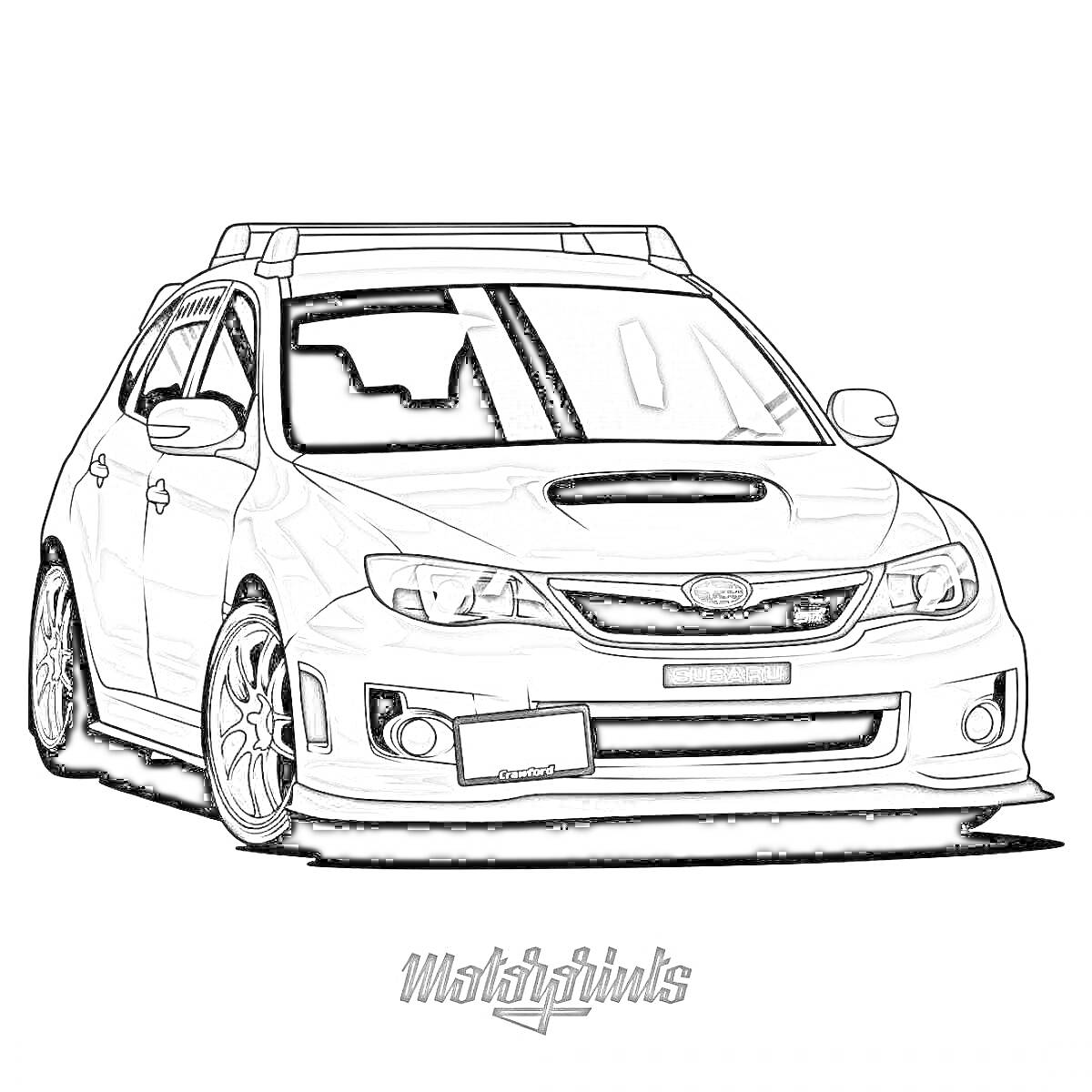 На раскраске изображено: Subaru, Багажник на крыше, Спорткар