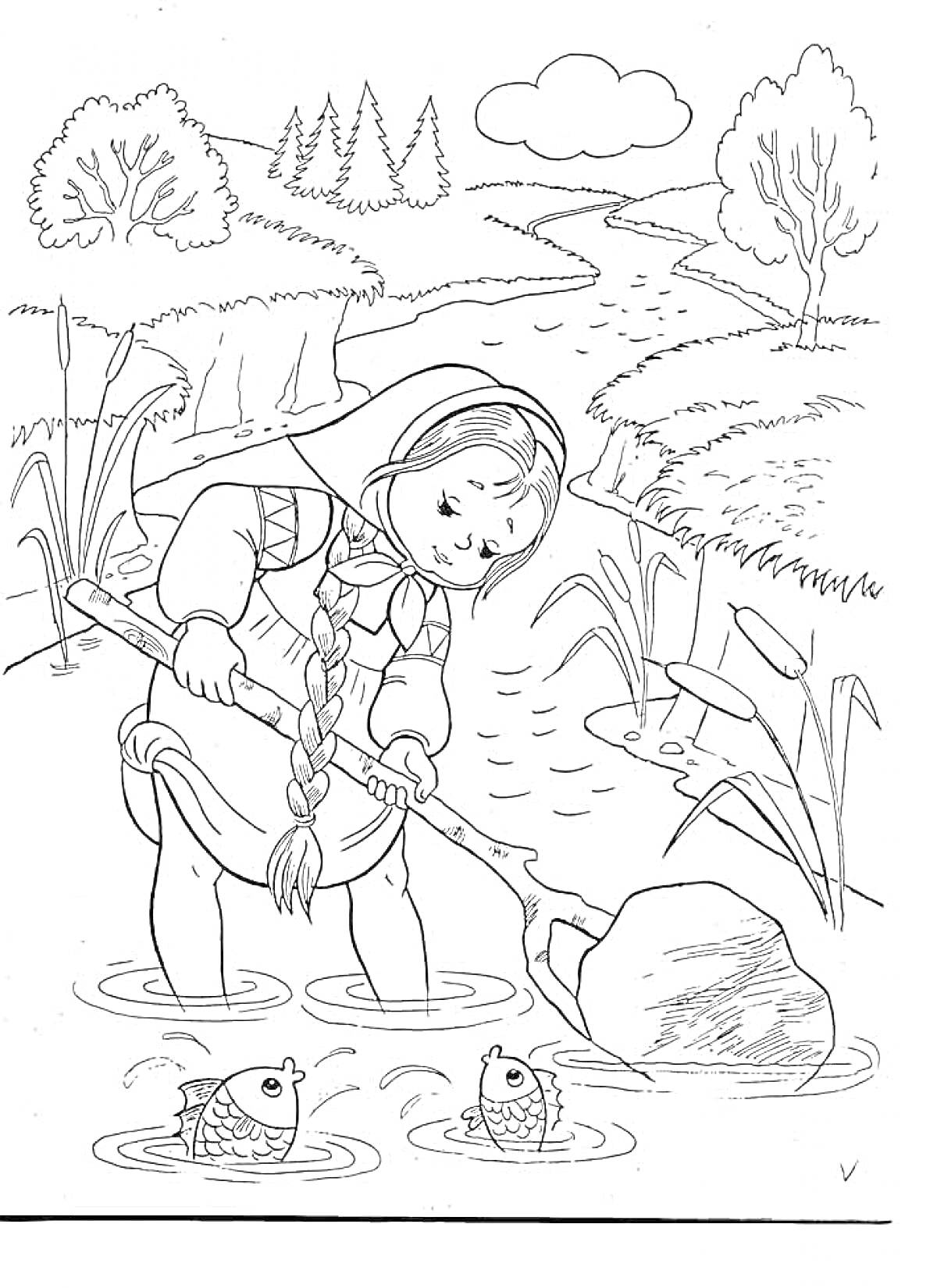 Раскраска Девочка с косой и лопатой в воде, две рыбы, речка, поля, деревья и облако на небе