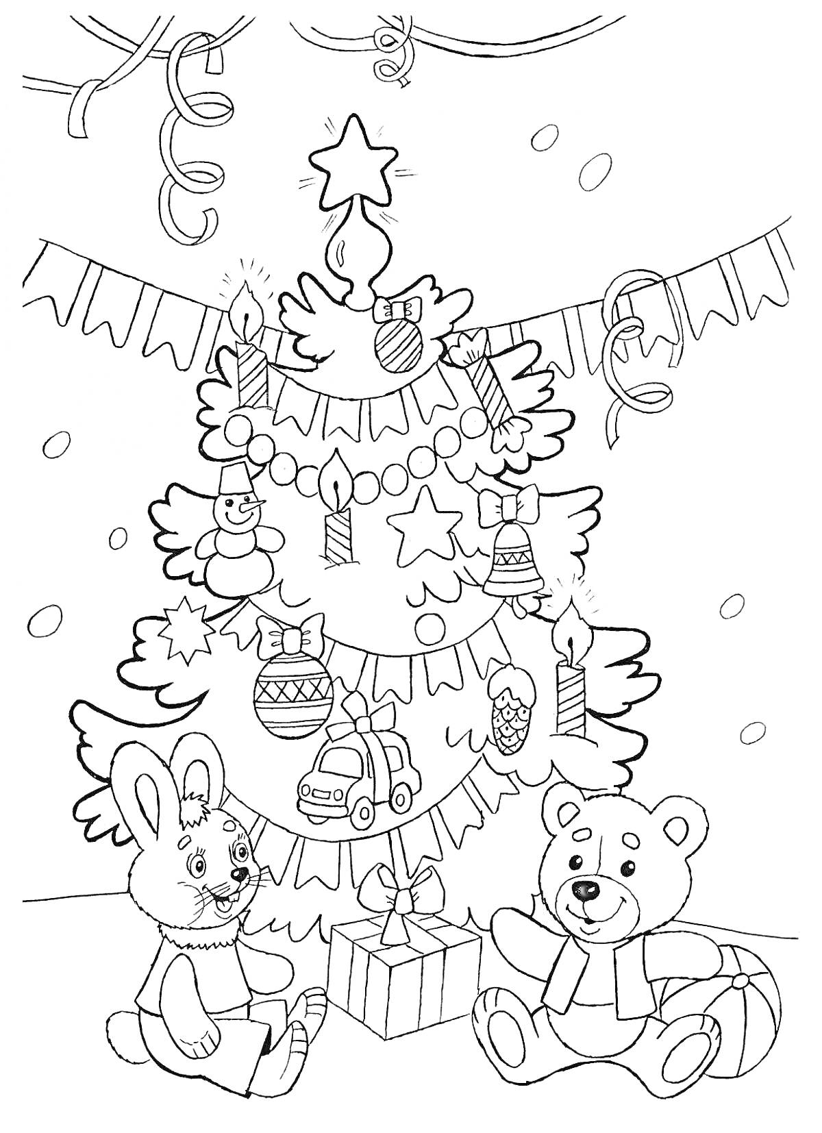 Новогодняя елка с игрушками, свечами и подарками, на фоне флажков и серпантина. Рядом с елкой сидят кролик и медвежонок.