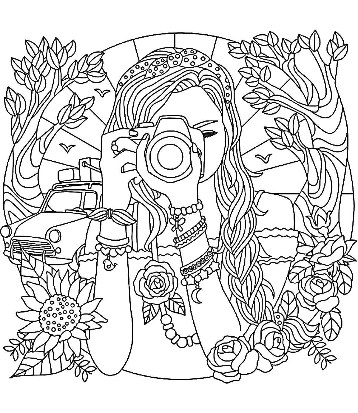 На раскраске изображено: Девочка, Украшения, Деревья, Цветы, Волосы, Колье, Природа, Голуби, Браслет, Авто
