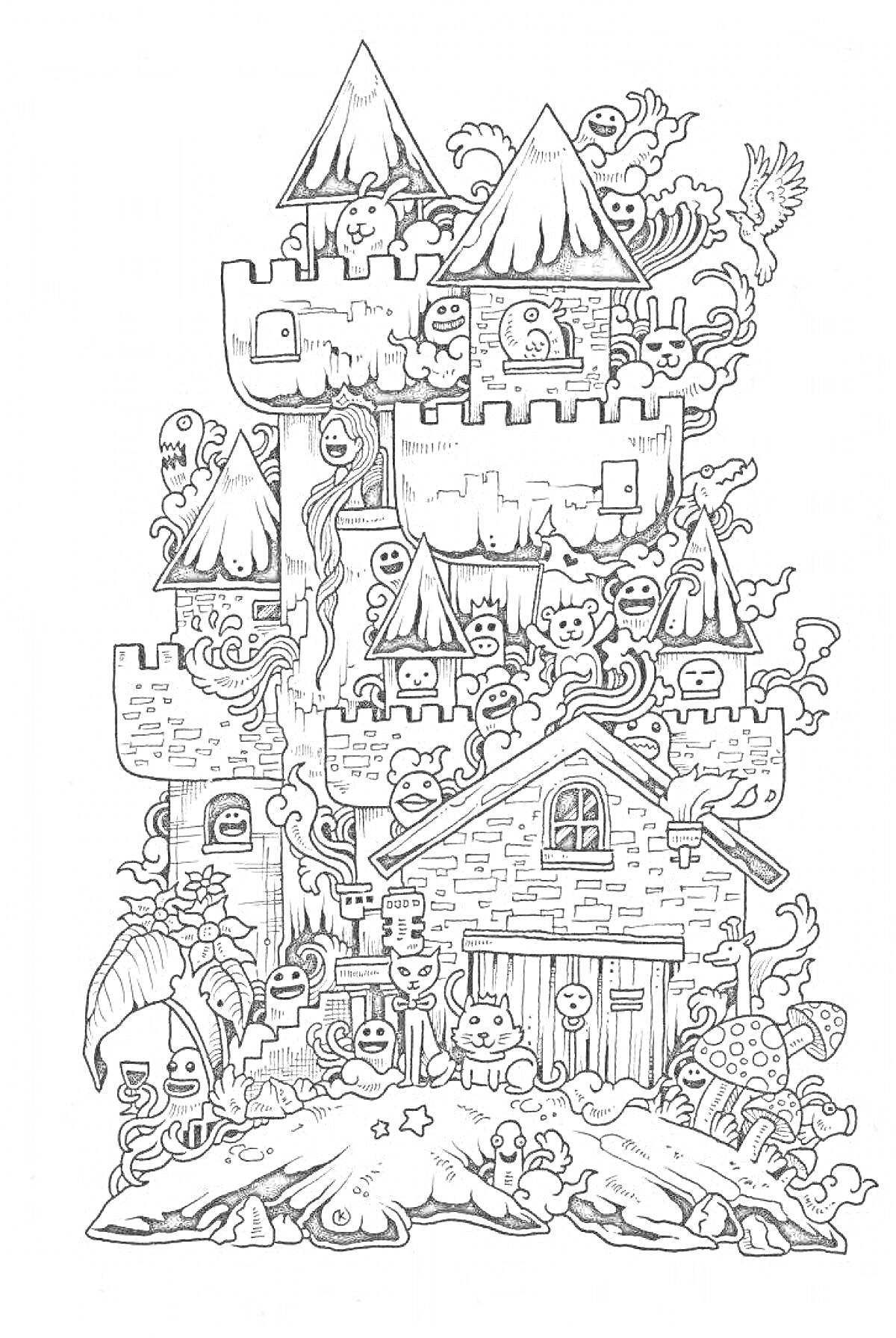 На раскраске изображено: Замок, Привидения, Антистресс, Дудлы, Грибы, Фантазия, Природа