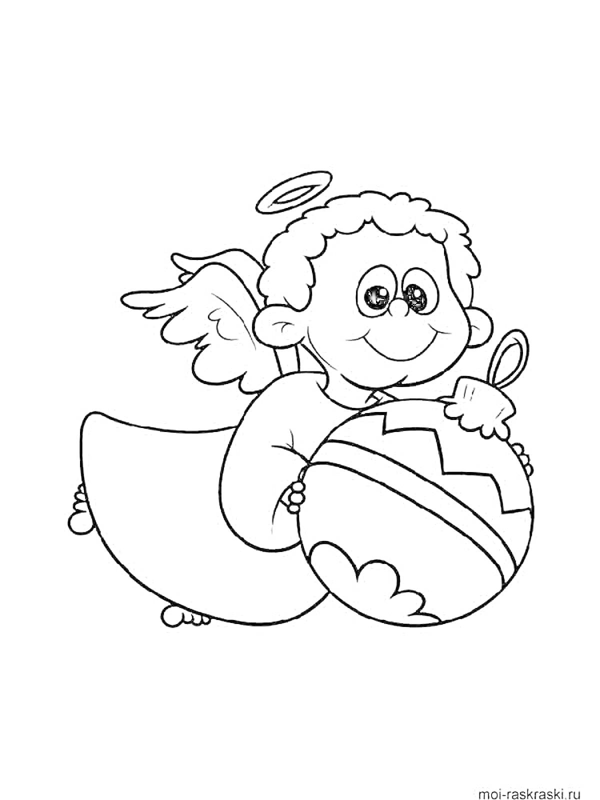 Раскраска Ангел с нимбом и крыльями, держащий большое украшенное яйцо